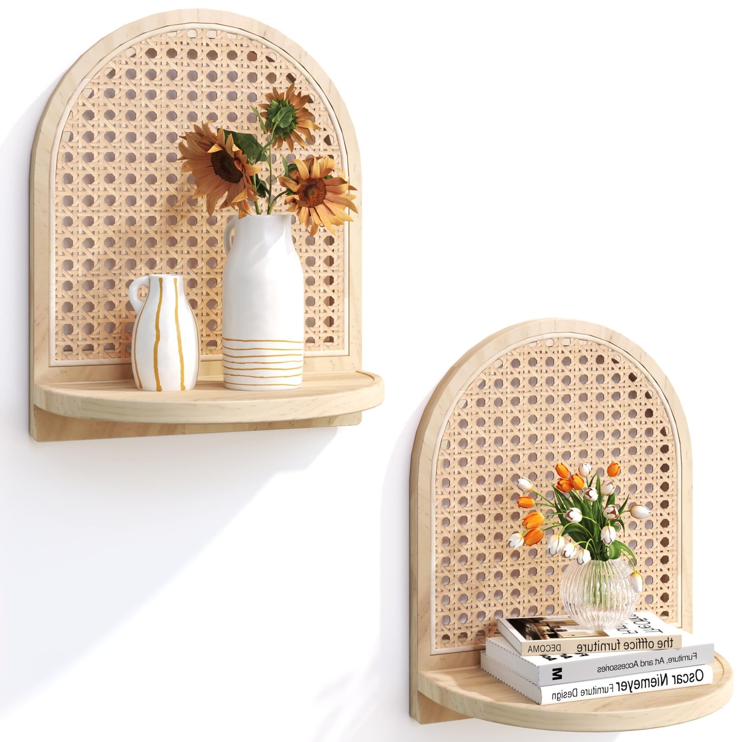 LUPWNEKA Arched Rattan Wall Shelf - Boho Rattan Floating Shelf with Grooved Edge, Unique Small Display Shelves, Natural Pine Wood Wall Decor for Bedroom, Living Room, Nursery Room, Set of 2, Natural