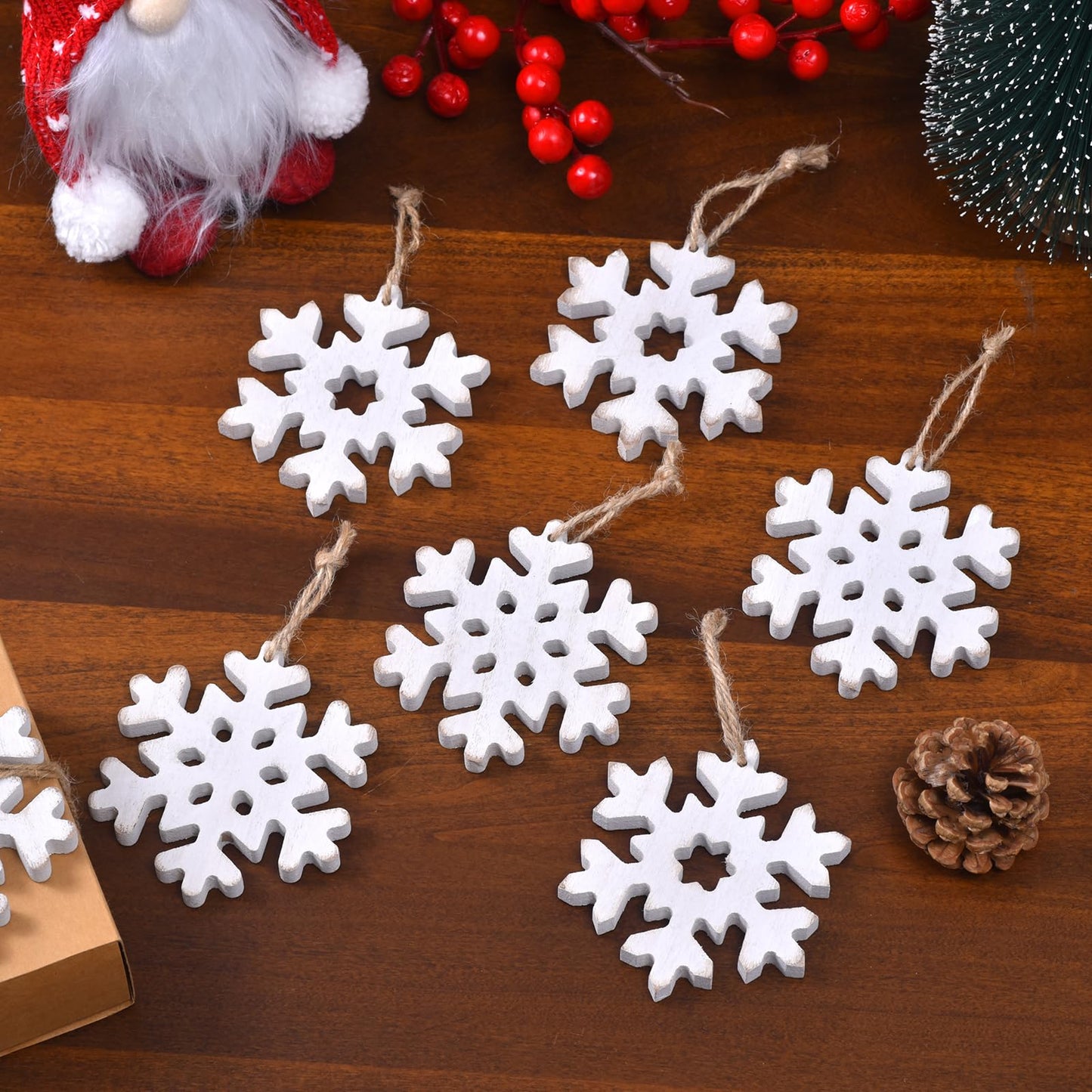 12Pcs Wooden Snowflake Ornaments for Christmas Tree, Rustic Snowflake Decorations with Jute Rope, Unfinished Wood Snowflakes Cutouts for Holiday DIY Crafts, Farmhouse Xmas Decor (12pcs)