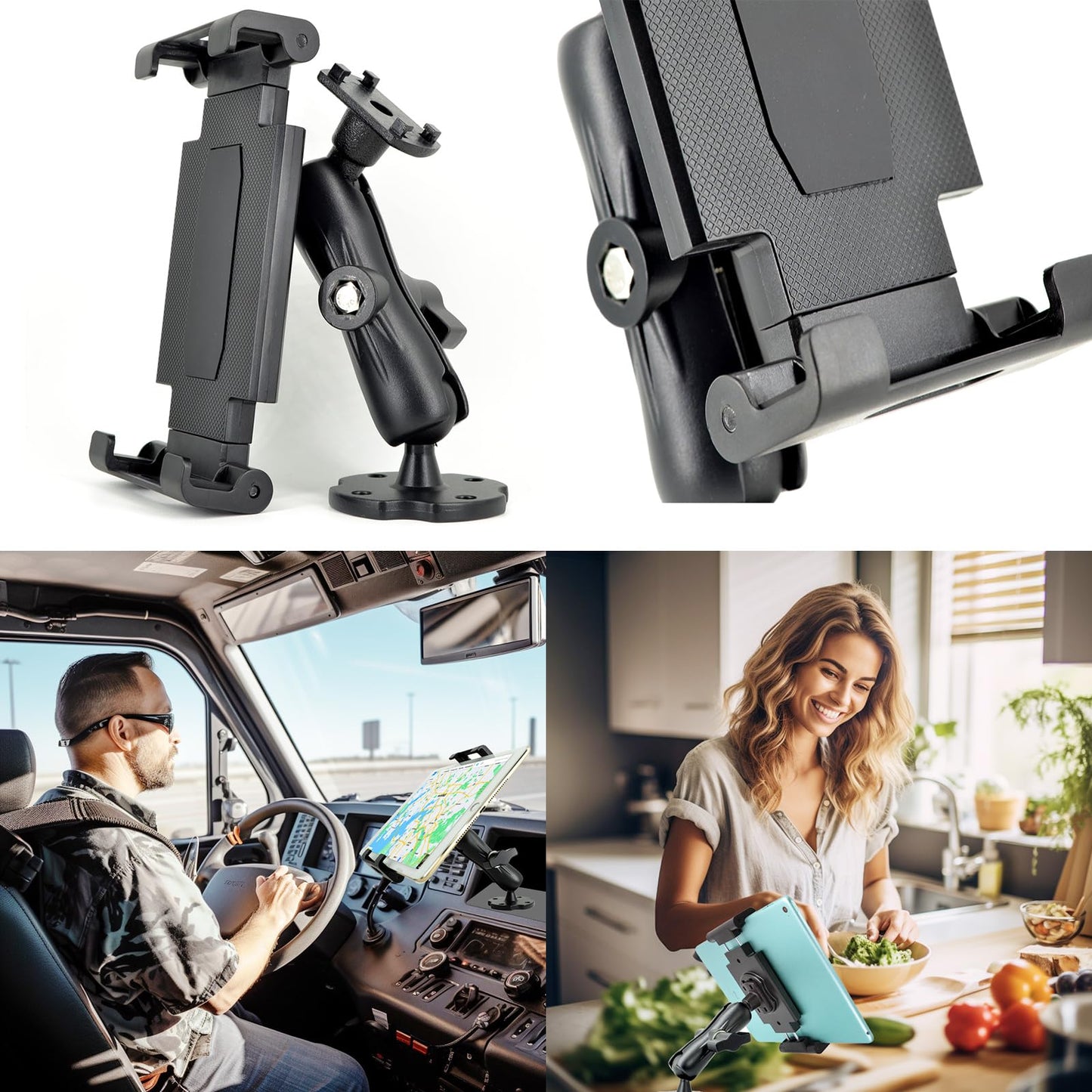 VAUBORTTI Aluminum Arm Heavy Duty Tablet Mount Drill Base - for 6.5"-12.9" Tablet iPad Pro/Mini, iPad Holder for Truck, Car,Dashboard,Desk,Wall-Swivel with 1 inch/25mm Ball Joint