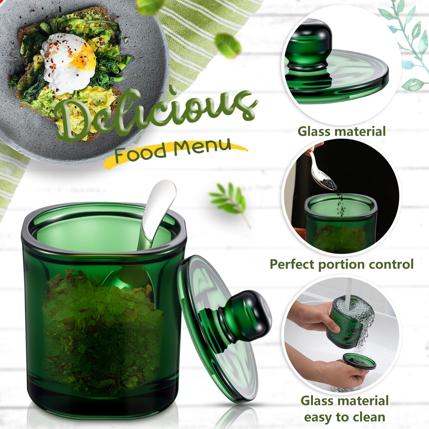 Reallnaive 2 Set Glass Salt Cellar with Lid and Spoon Container for Kosher, Sea, Himalayan Salt, Candy, Pepper, Heavyweight Seasoning Jar, Dishwasher Safe, 8.7oz(Green)