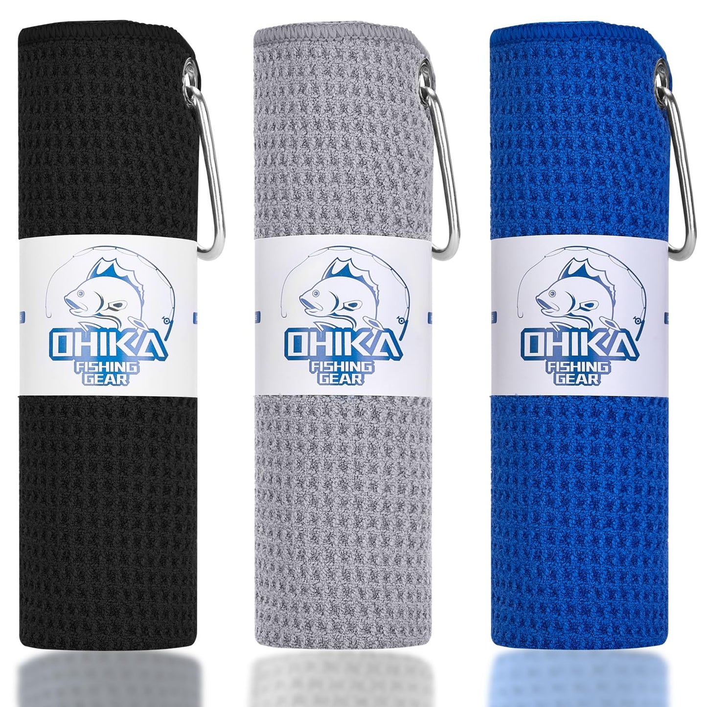 OHIKA Microfiber Fishing Towels with Clip, Waffle Pattern for Effective Cleaning of Fishing Gears or Dirty Hands, 16” x 16”, Camping Towels, Hiking Towels, Pack of 3 (Black/Grey/Blue)