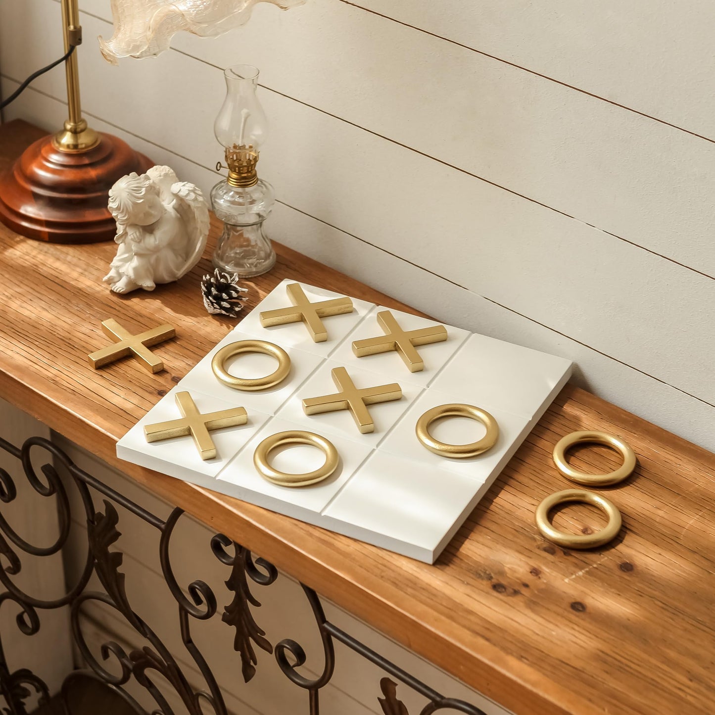 NIKKY HOME 12x12 Inch Tic Tac Toe Wood Game Board Classic Coffee Table Decor Modern Wooden Travel Game for Family, White & Gold