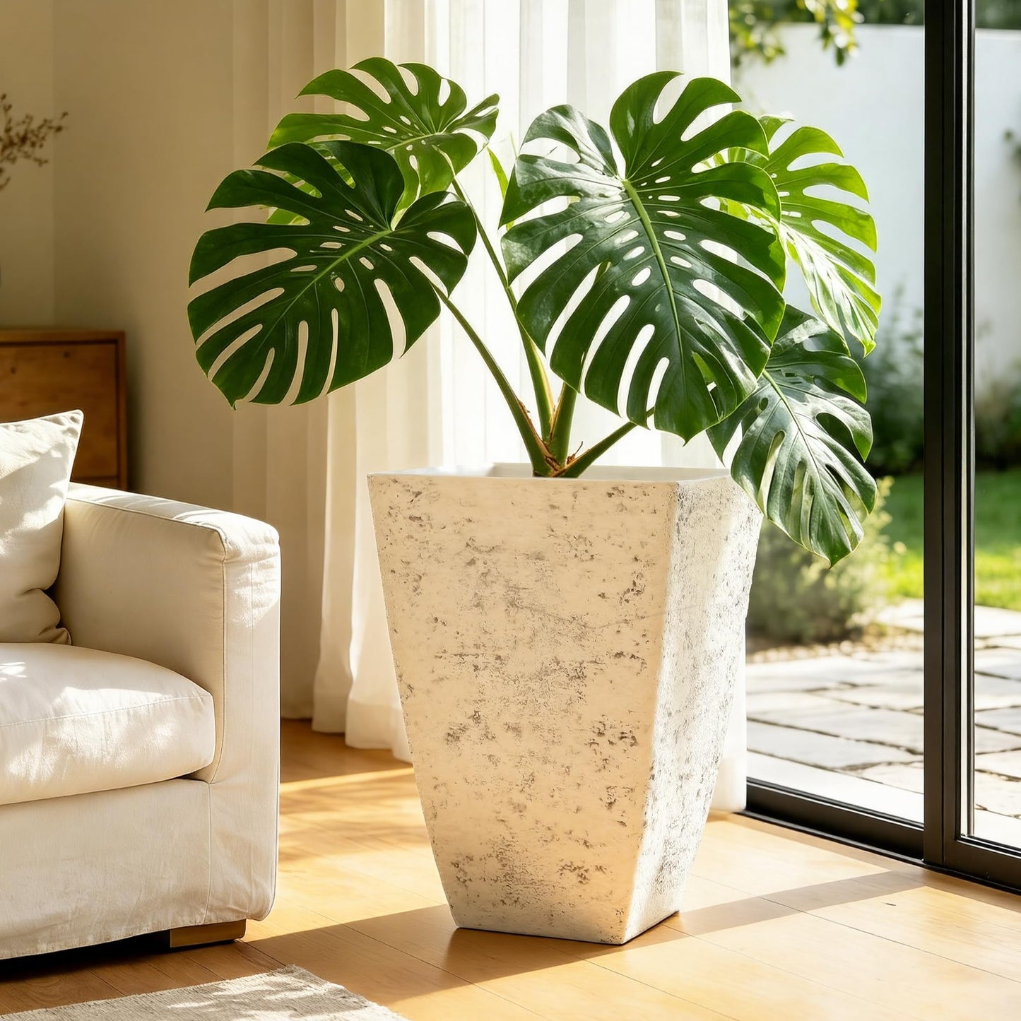 Autodaya 19" Plant Pots Tall Planters for Plants Outdoor Set of 2 Large Square Flower Pots Indoor Front Porch Decor Garden Pot with Drainage Hole Handmade Birch Bark Texture for Patio, Country White