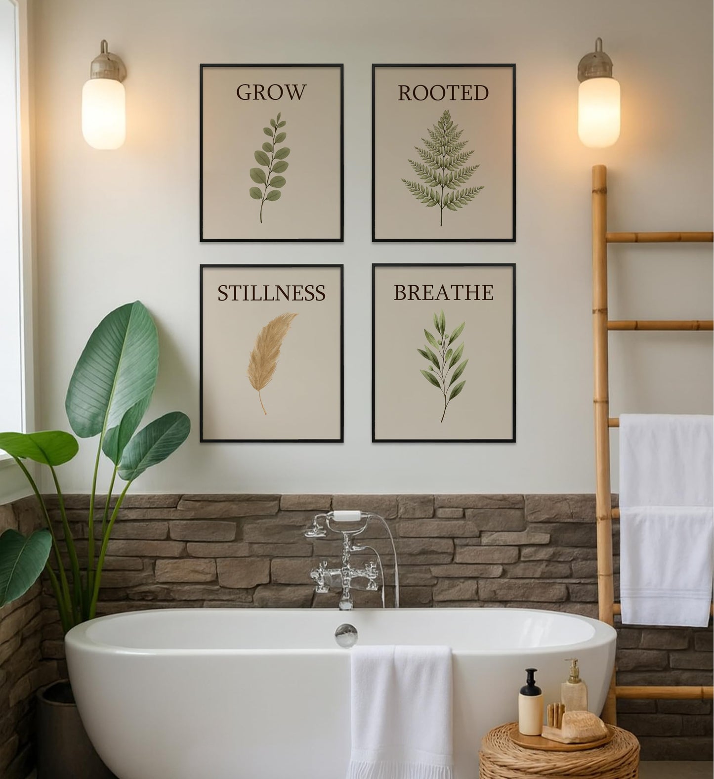 AMERICAN LUXURY GIFTS Breathe Grow Stillness Rooted Botanical Prints - Minimalist Typography Zen Wall Decor for Bedroom Bathroom Office - Set of 4, 8x10 Unframed Prints