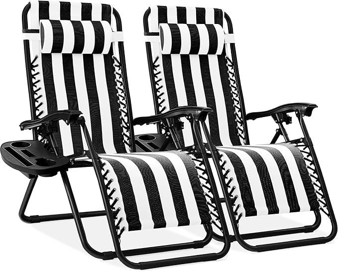 Best Choice Products Set of 2 Adjustable Steel Mesh Zero Gravity Lounge Chair Recliners w/Pillows and Cup Holder Trays - Black Striped