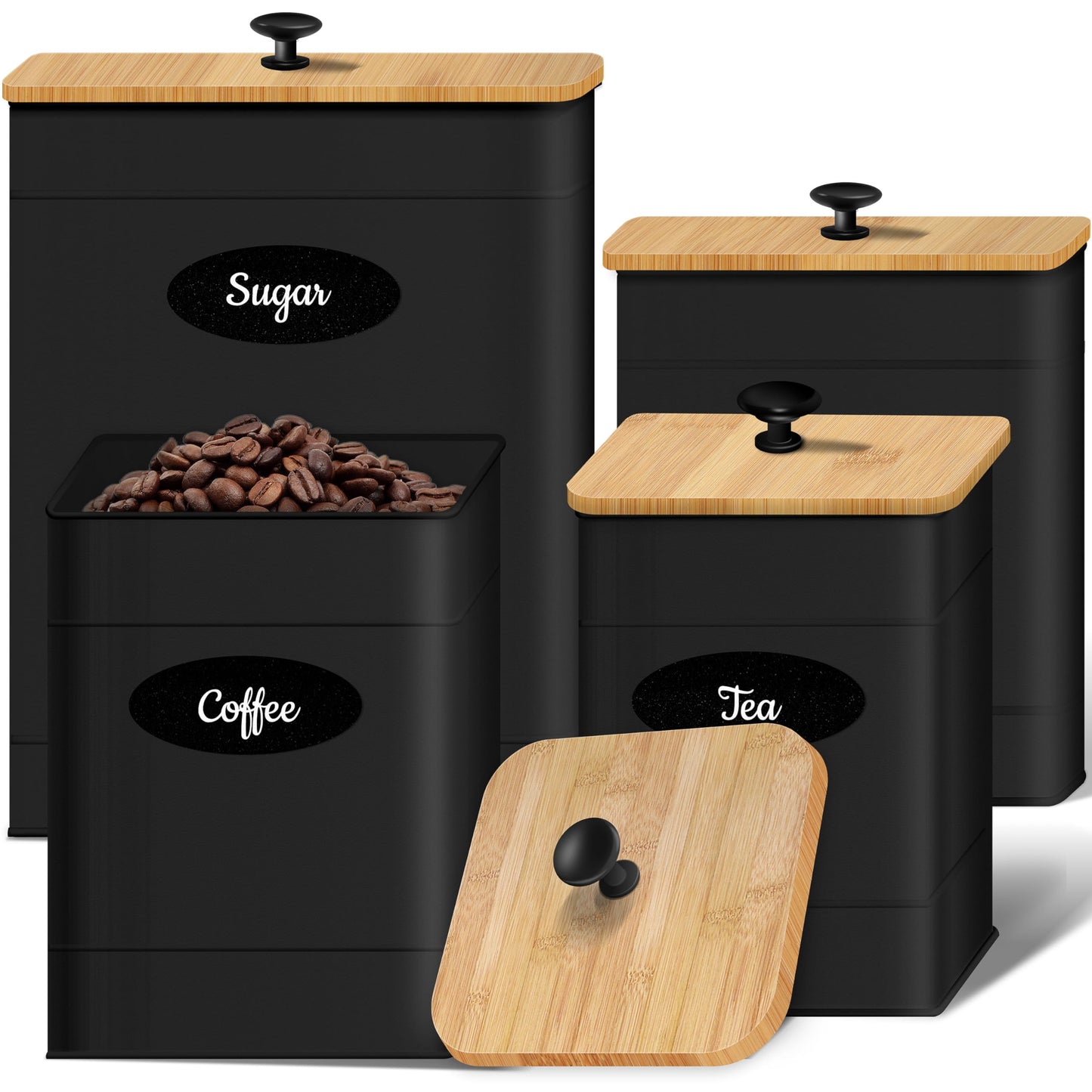 Canisters Sets for the Kitchen Set of 4, Metal Sugar Flour Coffee Storage Containers for Countertop with Airtight Lids, Customizable Chalkboard Labels & Marker Pen, Storage Jars Canisters - Black
