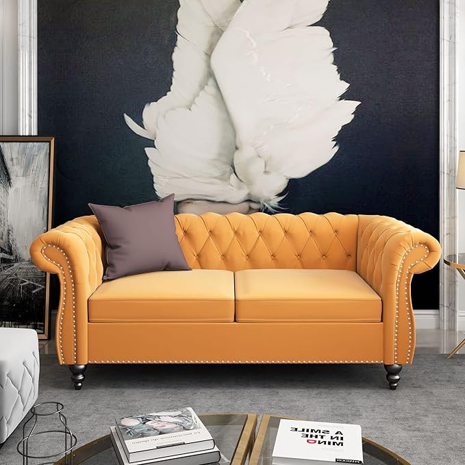 ORRD 2 Piece Living Room Set, Velvet Chesterfield Sofa Loveseat Couch
