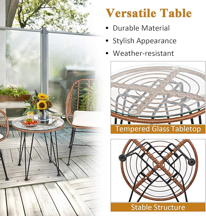 Tangkula 3 Pieces Patio Conversation Bistro Set, Outdoor Wicker Furniture
