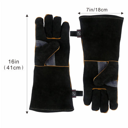 Kim Yuan Extreme Heat & Fire Resistant Gloves Leather with Kevlar Stitching,Perfect for Fireplace, Stove, Oven, Grill, Welding, BBQ, Mig, Pot Holder, Animal Handling, Black-Grey 16in/40cm 1 Pair
