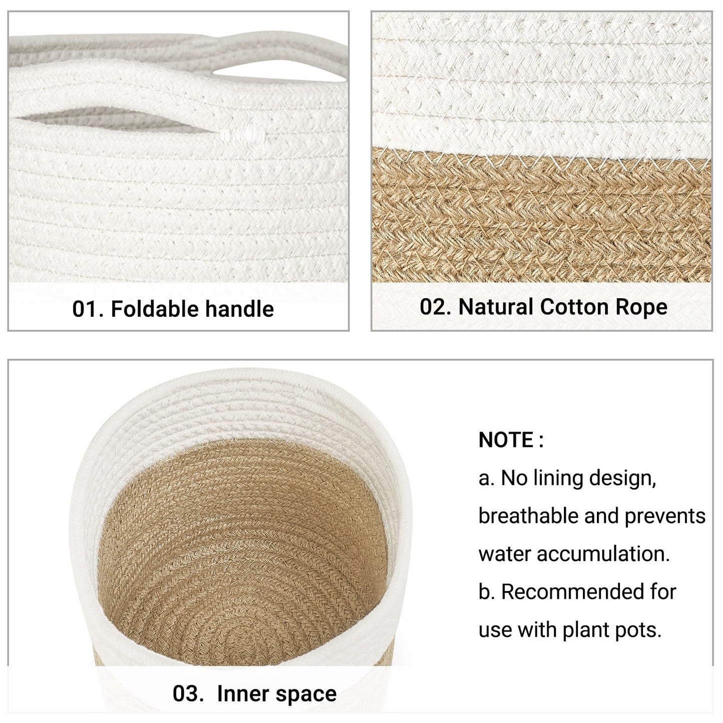 Dahey Small Cotton Rope Plant Basket Woven Plant Coiled Basket for Up to 7" Planter, Decorative Flower Pot Cover Closet Storage Bin Table Desk Organizer for Home Decor, White and Beige