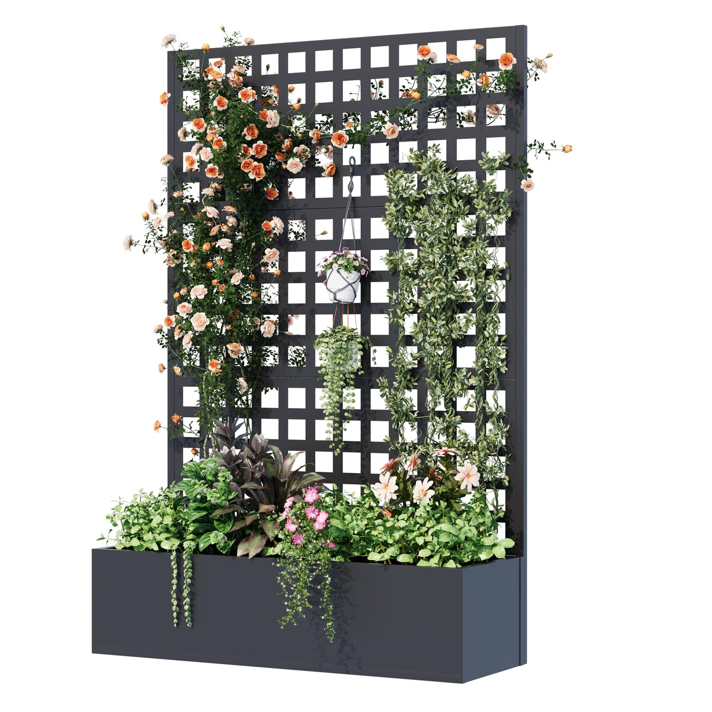 UPHYB Metal Planter Box with Trellis, 71"x 47"x 16" Raised Garden Bed, Planter Box Trellis with Privacy Screen and Drainage Holes, Black
