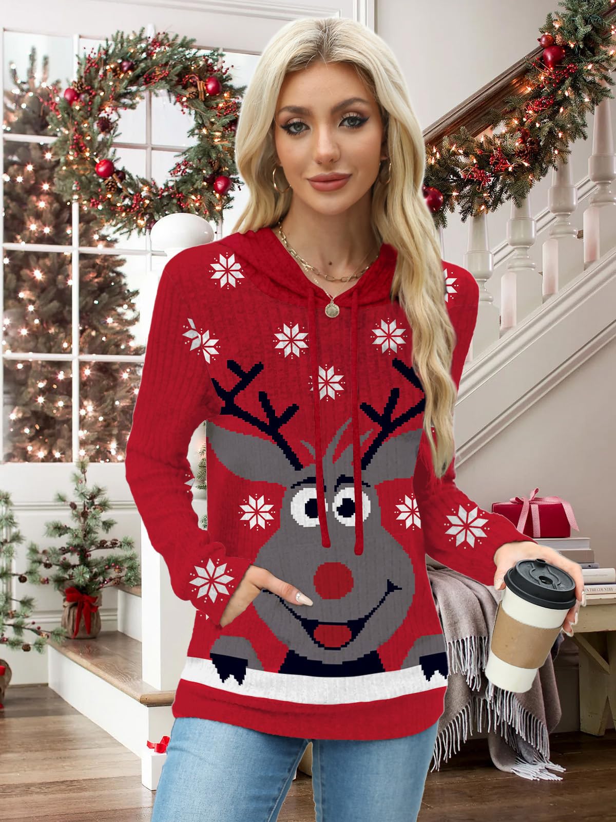 Ugly Christmas Sweater Women Blouses 2025 Long Sleeve Shirts Womens Early Fall Fashion Clothing School Outfits Boho Tops Cowboy Chic Trendy Hoodies Sweatshirt Rudy X-L