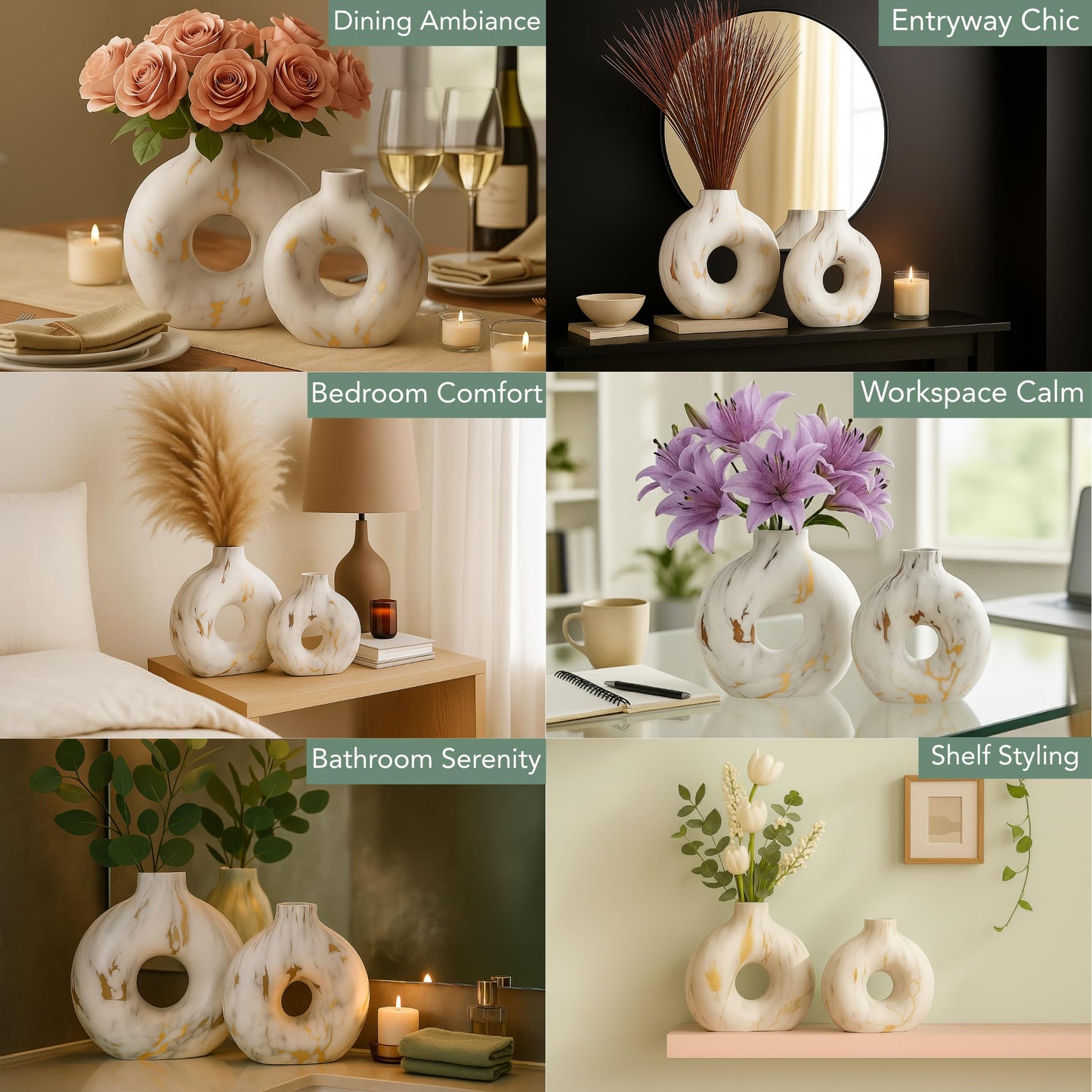 Modern Ceramic Donut Vase Set of 2 - Boho Design White and Gold Marble Pattern Vases for Flowers and Pampas - Elegant Home Decor Centerpieces for Coffee Tables - Entryways - Dining and Living Rooms