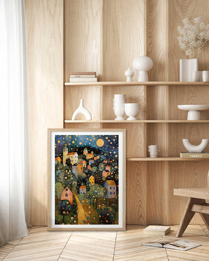 HesenDot Gustav Klimt Moon Stars Natural OAK Wood Framed Wall Art,12x16in