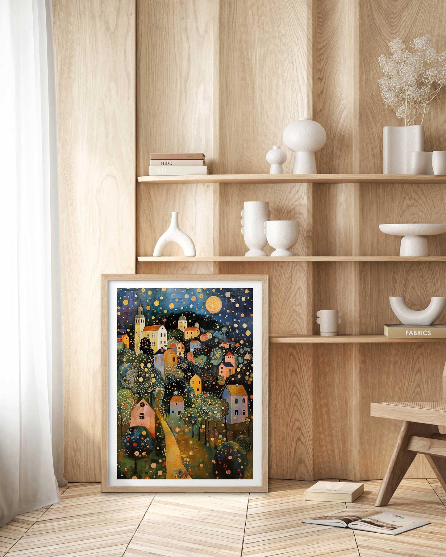 HesenDot Gustav Klimt Moon Stars Natural OAK Wood Framed Wall Art,12x16in