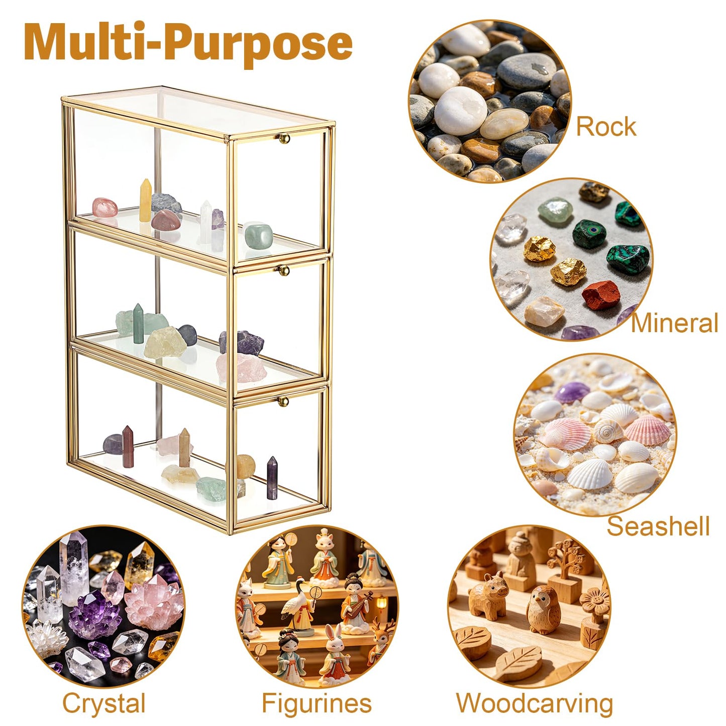 JUXYES Tabletop Brass Glass Rock Display Case with 3 Drawers - Modern Clear Rocks Collections Display Case Box - Gold Dust Proof Case Small Shelf for Collectible, Mineral Crystal, Rock, Stones