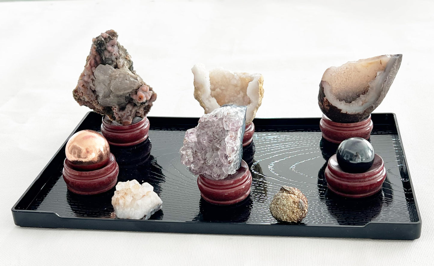 Large Black Woodgrain Tray w/ 6 x Round Wood Base for Geods, Fossils, Rock Spheres, Crystals & Healing Stones Display Holder