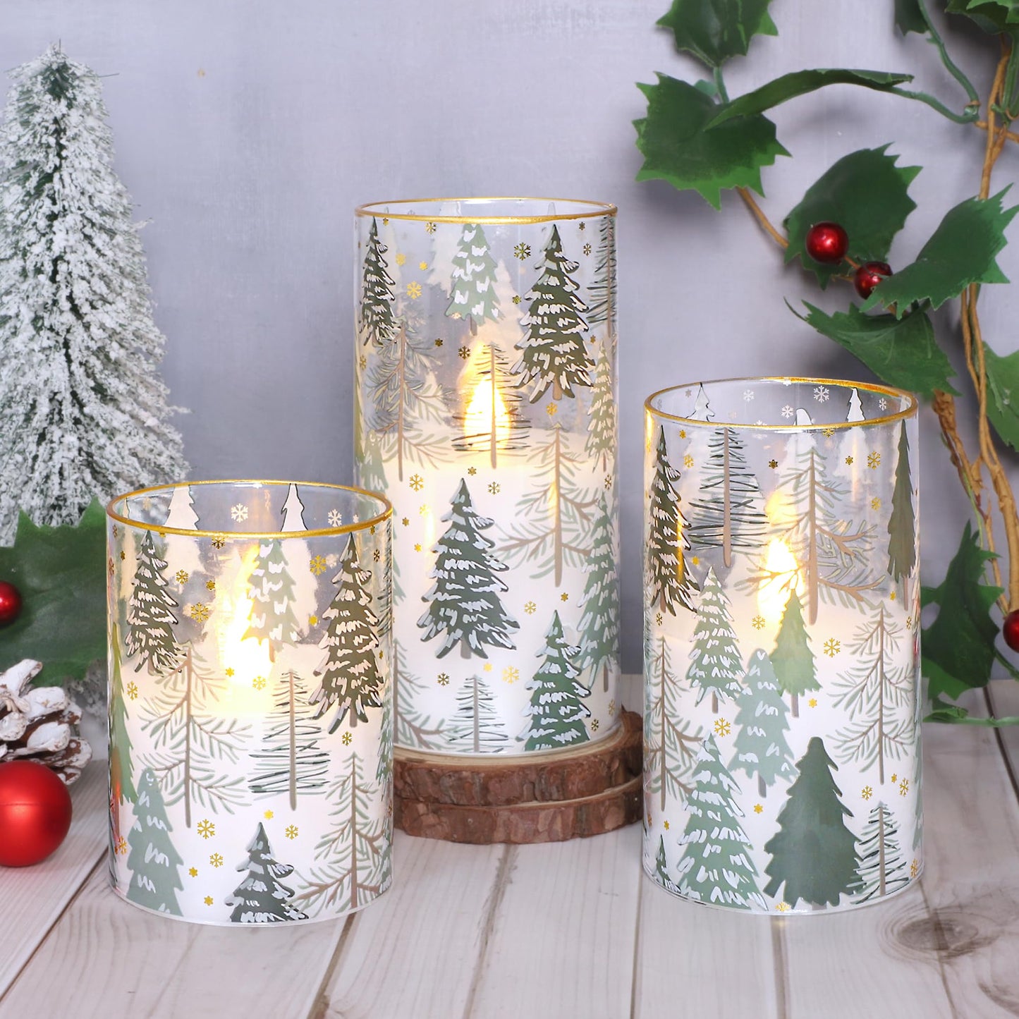 Impress Life Christmas Tree Glass Flameless Candles with Remote Battery Operated 3D Flickering LED Pillar Candles for Xmas Gift Holiday Decor, Set of 3