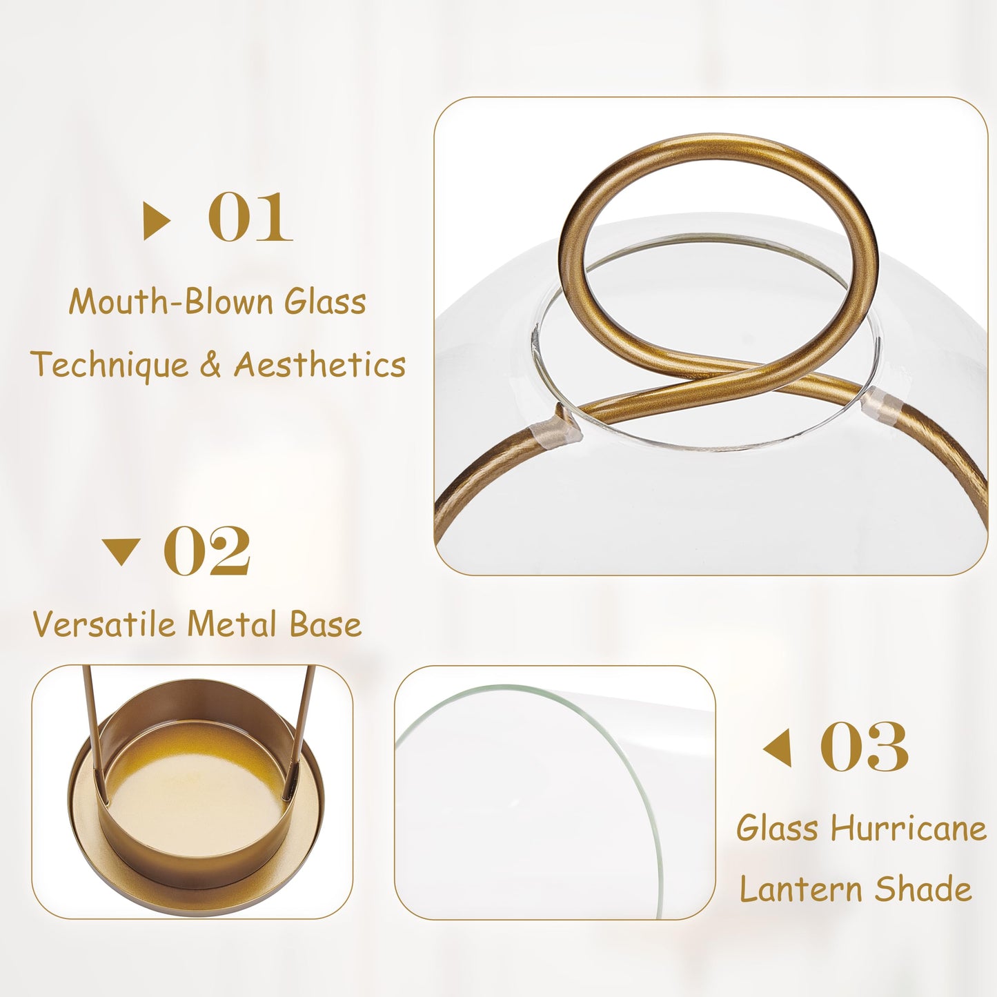 Gdfmsc Hurricane Metal & Glass Candle Holder Gold Set of 2, Decorative Candlestick Pillar Candle Holder with Clear Glass for Wedding Party Christmas Holiday Dining Table Centerpiece Lanter