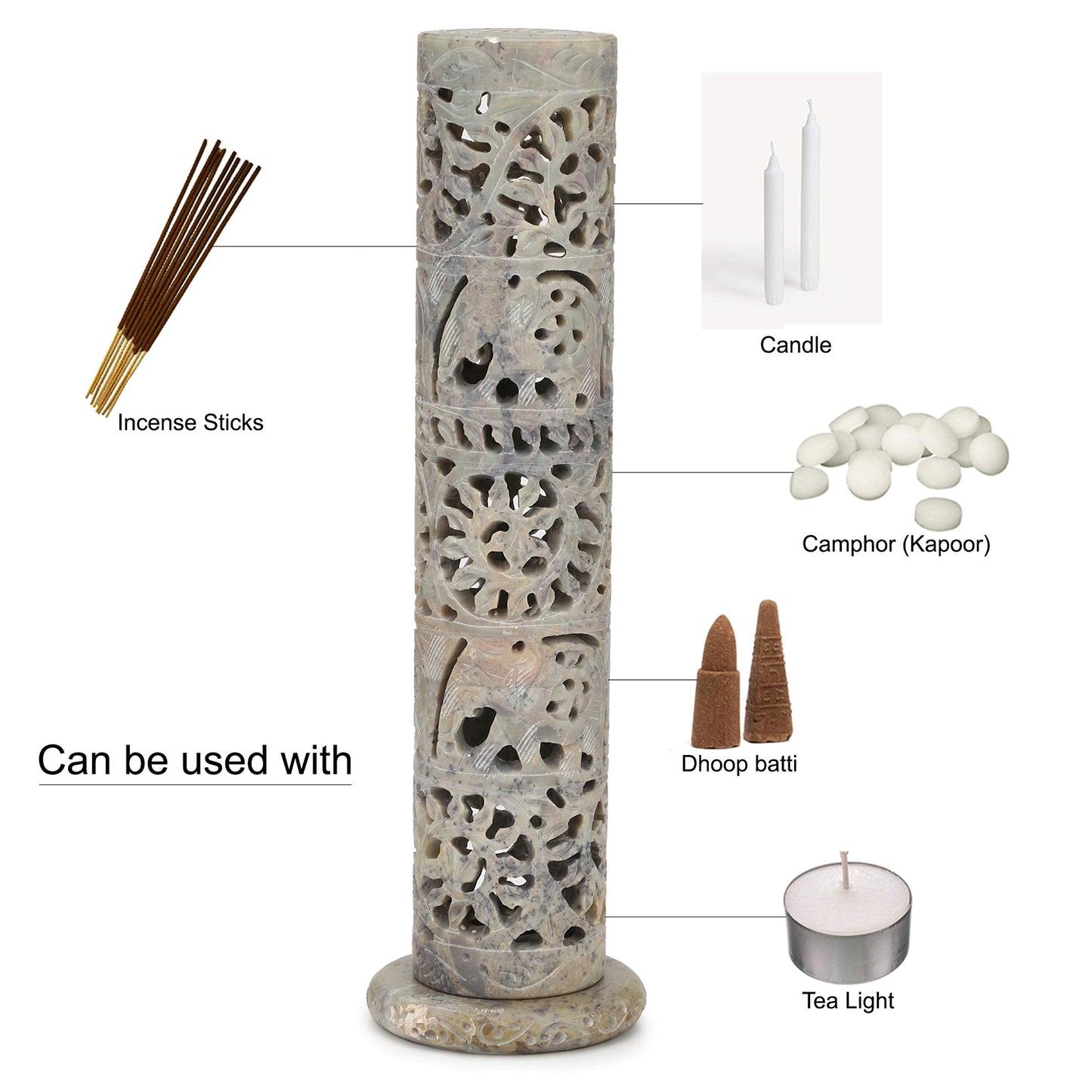 Carry Me Marble Soapstone Incense Stick Holder | Candle Burner | Tea Light Holder - Perfect Handmade Elephant Carving for Gifting. Decorative Home and Office Decor.(3 x 3 x 10.5 Inches)