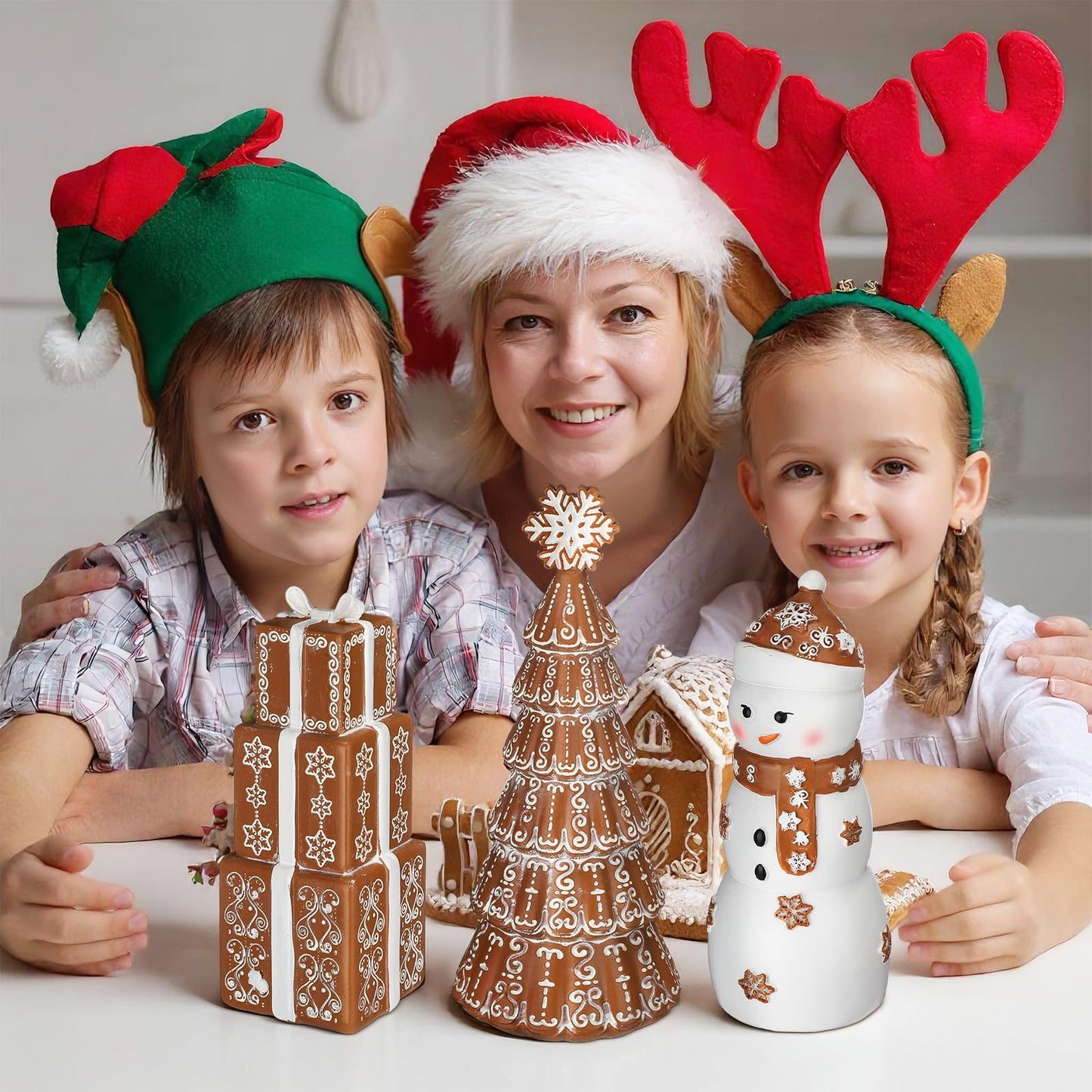 Kathfly 3 Pcs Christmas Winter Gingerbread Figurines Set Resin Snowman Gingerbread Tree Collectible Gift Table Centerpiece for Home Christmas Holiday Shelf Mantel Table Display