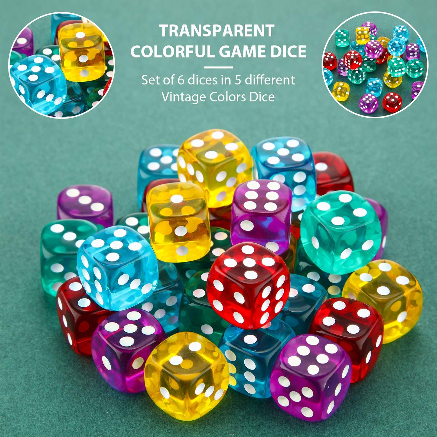 TecUnite 30 Pcs 6-Sided Dice Set 14 mm Bulk 6 Sided Colored Dices for Board Games, Math Learning