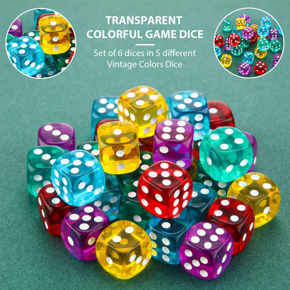 TecUnite 30 Pcs 6-Sided Dice Set 14 mm Bulk 6 Sided Colored Dices for Board Games, Math Learning