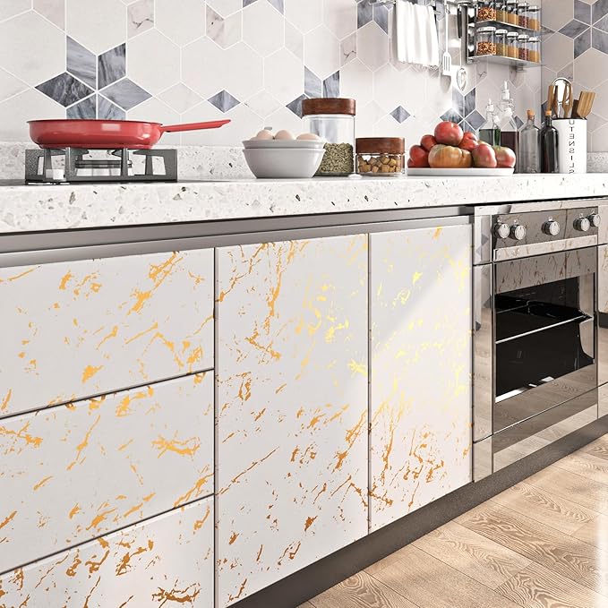 FunStick 36"x200" Cream White and Gold Wallpaper Peel and Stick Marble Contact