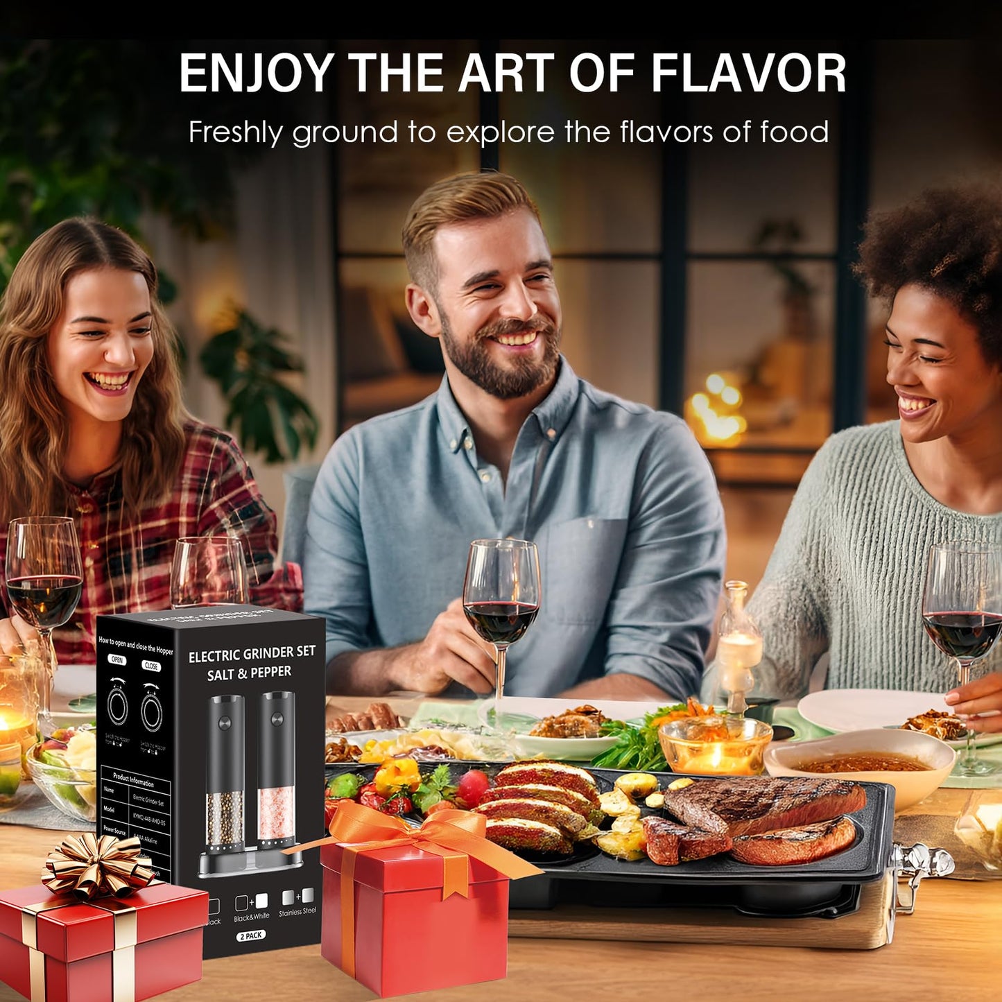 Electric Salt and Pepper Grinder Set, Automatic Salt and Pepper shakers with Upgraded 6-Level External Adjustable Coarseness, Battery Operated, Larger Capacity with Led for Home Kitchen (Black/Black)