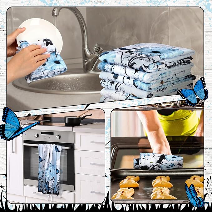 Breling Set of 6 Blue Daisy Kitchen Towel Vintage Themed Dish Towel Bathroom