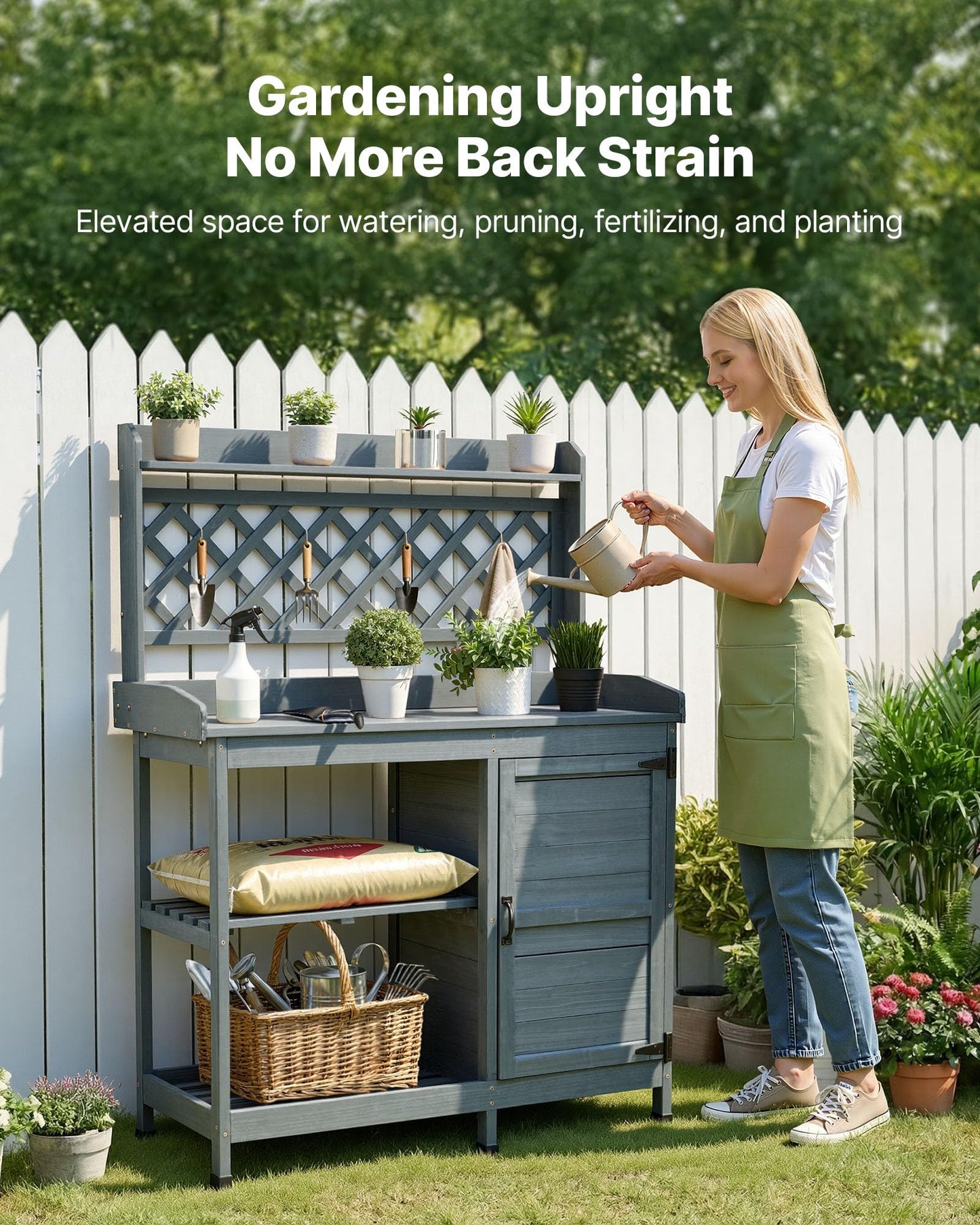 VEVOR Potting Bench Table, Outdoor Gardening Wooden Workstation with Storage Cabinet, Storage Shelves, 43 x 18 in Wood Tabletop, Garden Planting Work Station for Patio, Backyard, Balcony, Gray