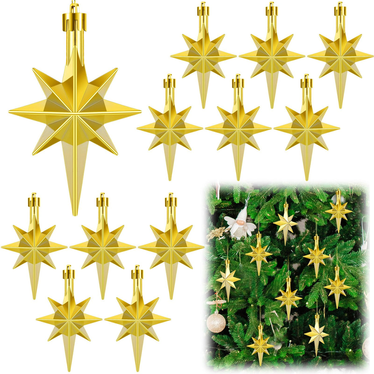 Syhood 12 Pcs Gold Christmas Bethlehem Star Ornament for Christmas Tree 3.14inch Bethlehem Star Ornament Plastic Hanging Gift Decor for Xmas Party