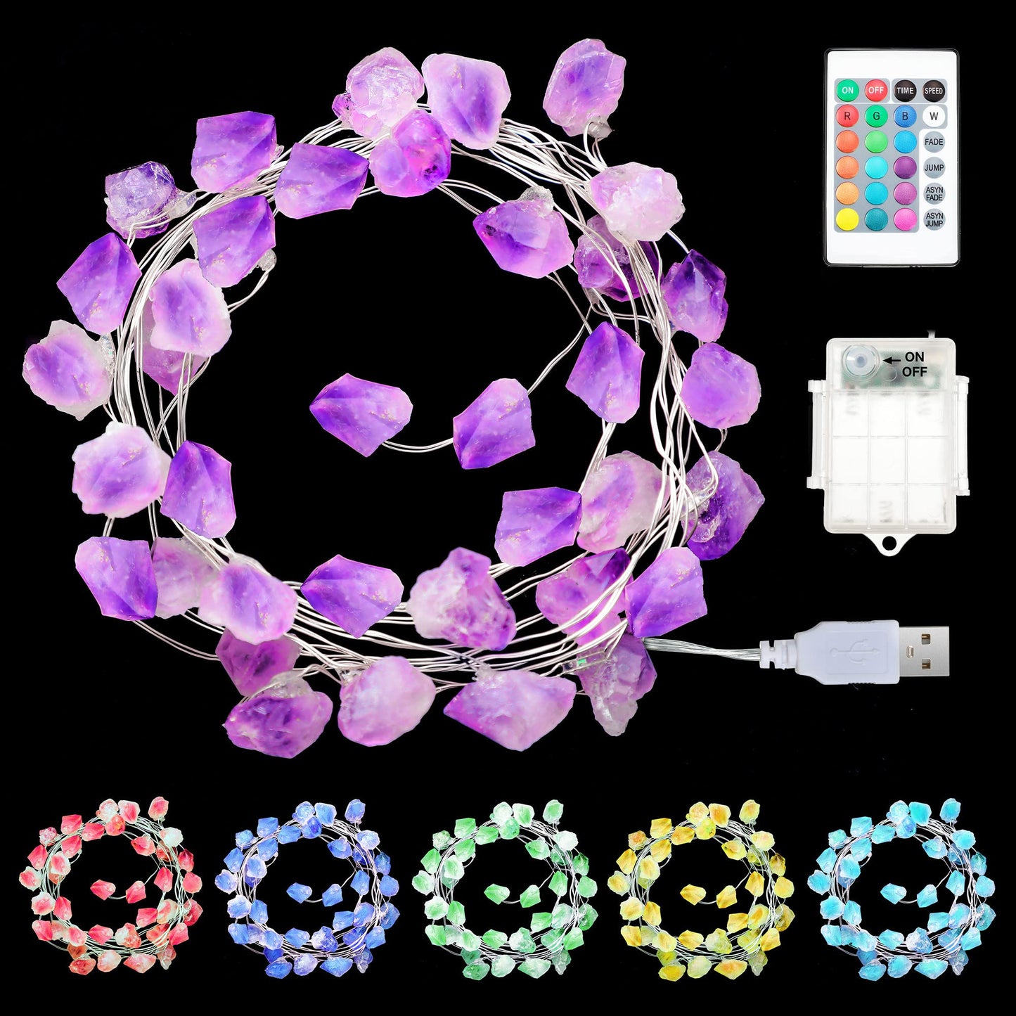 Hiboom 16 Colors Dimmable Amethyst String Light, 9.8FT 30 Crystal Natural Fluorite String Lights, Timer & 4 Modes, USB/Battery Powered Light for Salt Lamp Room Christmas Wedding Valentines Day