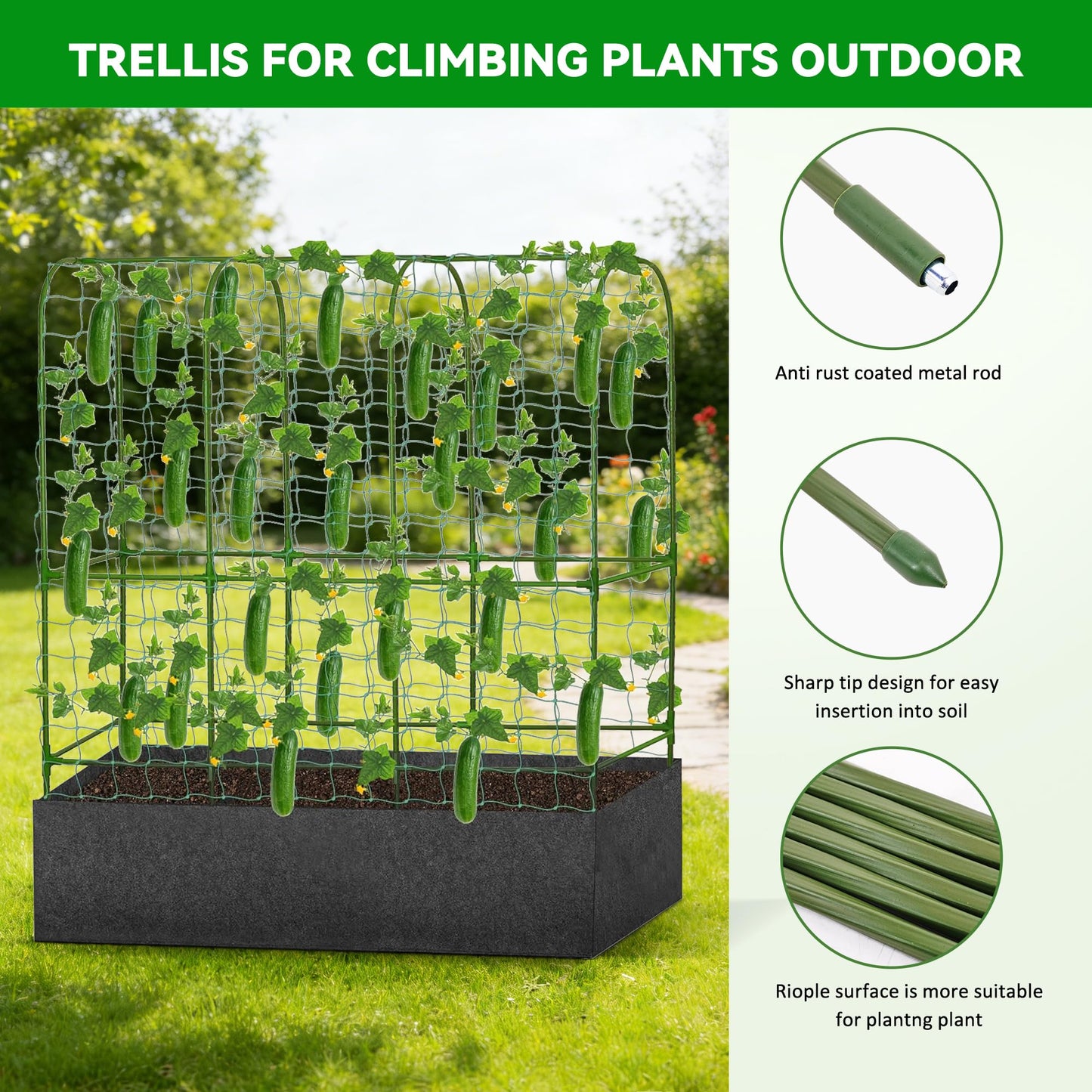 GENMOUS Garden Trellis for Climbing Plants, Cucumber Trellis with Grow Bag, 65 X 50 Inch Large Metal Trellis for Climbing Raised Bed Vegetable Outdoor
