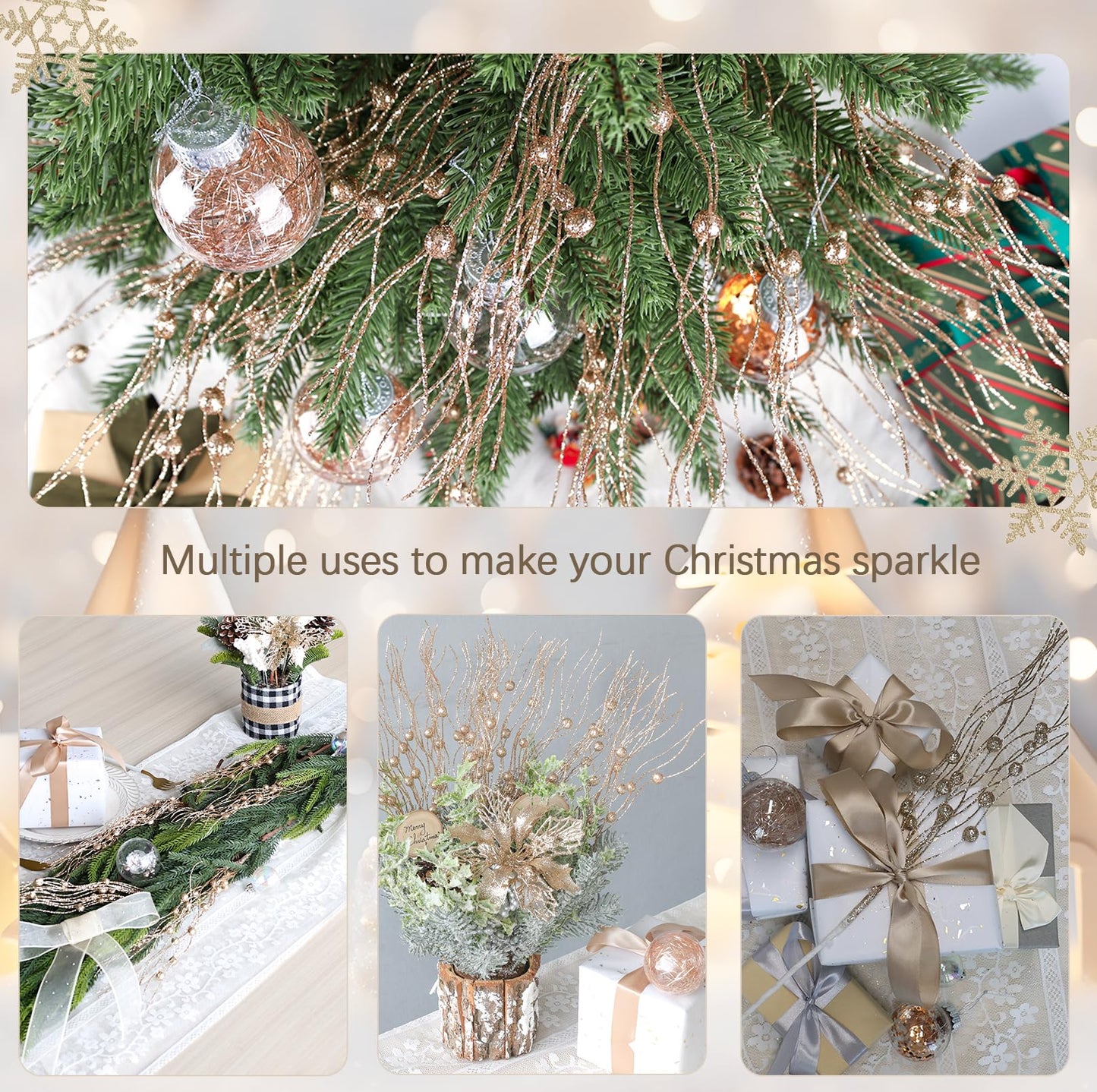 Artificial Glitter Berry Stem Ornaments, 10 Pack Decorative Bead Sticks, Christmas Picks, Glittery Twigs Branches for Christmas Tree DIY Wreath Crafts Vase Filler Home Decor (Champagne, 10 PACK)