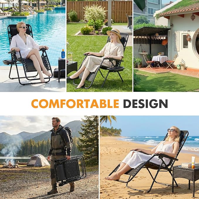 NEWBULIG Zero Gravity Chair Set of 2, Lounge Chair Folding Portable Adjustable Camping Reclining Chairs with Adjustable Pollow, Mesh Back, Cup Holder Trays Lawn Patio Chair for Pool Beach - Black
