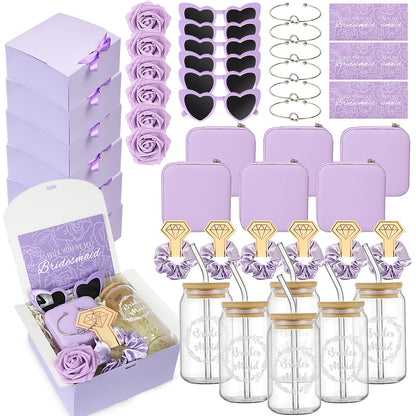 HOMENERGY Bridesmaid Proposal Gifts Set 6 - Will You Be My Bridesmaid Kit with Elegant Box Jewelry Box Glass Cup Invited Cards Knotted Bracelets Sunglasses Scrunchies Raffia Grass (Purple, 54 Pcs