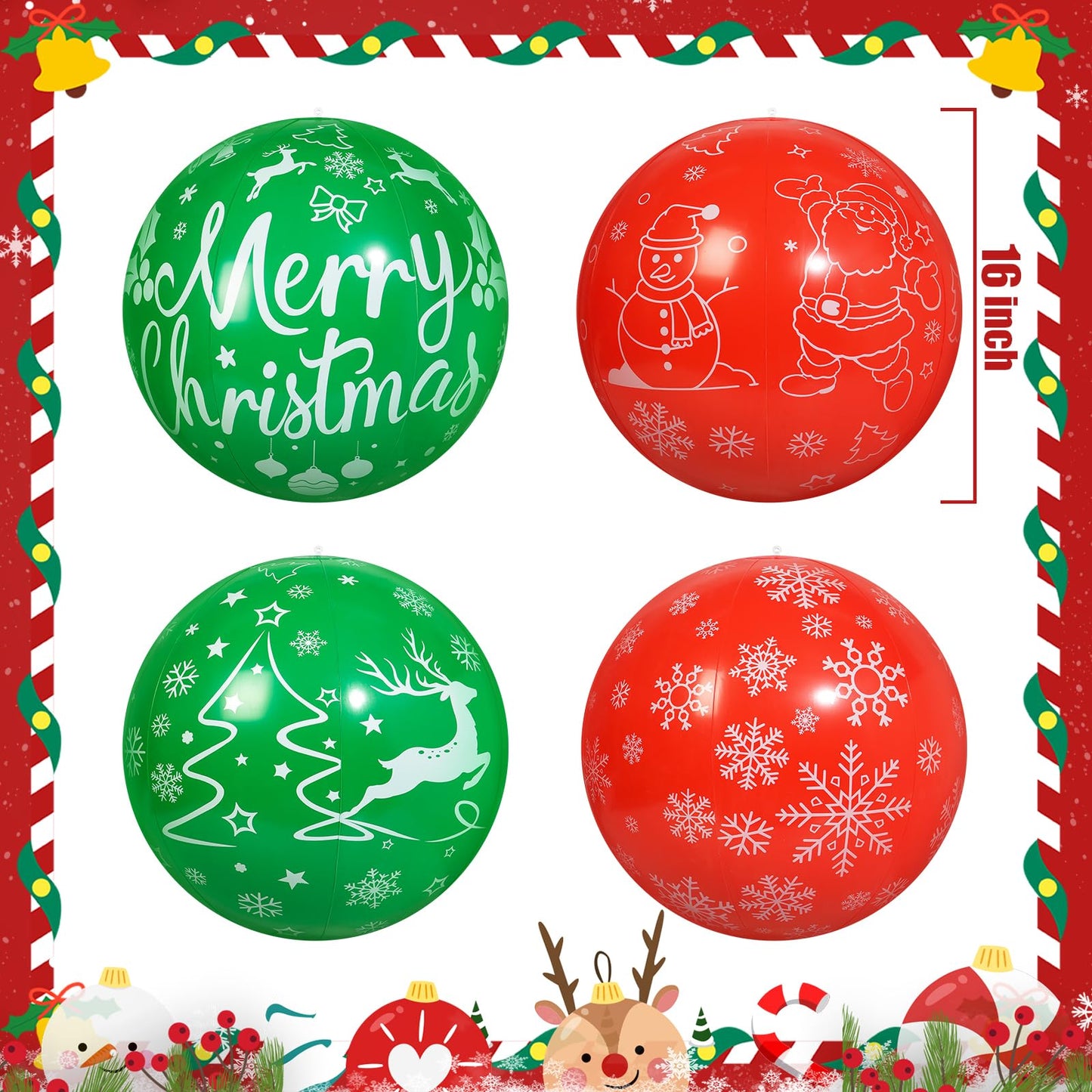 TaoQ C 4 PCS 16 Inch Christmas Inflatable Balloons PVC Hanging Christmas Inflatable Outdoor Balls for Xmas Garden Lawn Yard Holiday Front Door Decoration