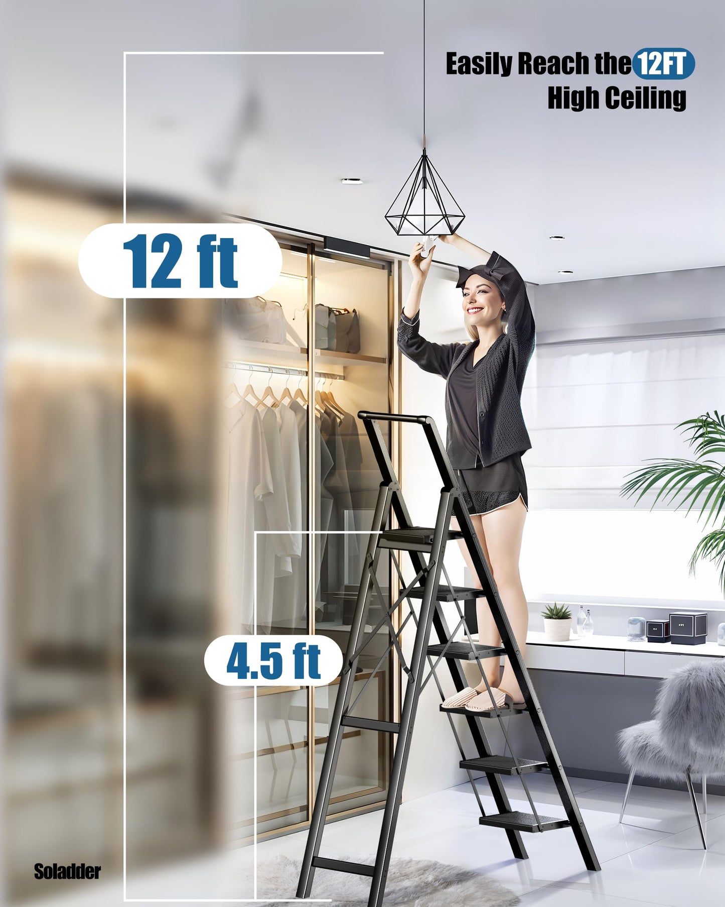 SOLADDER 6 Step Ladder for 12 Feet High Ceiling, Folding Step Stool with Handgrip & Anti-Slip Wide Pedal, Portable Lightweight Aluminum Stepladder for Kitchen, Home (300 lbs Capacity) - Black