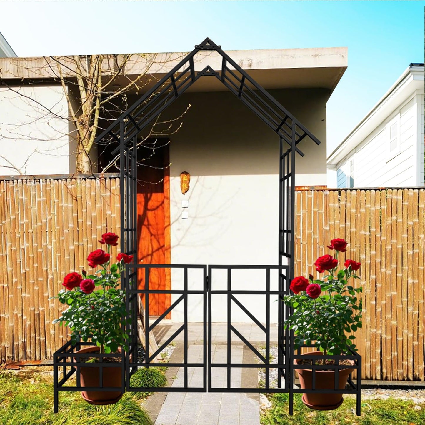 Metal Garden Arbor Arch with Gate and Plant Box, 97“ H Garden Trellis Wedding Arch Party Decoration for Outdoor Lawn Climbing Plants Support Roses Vines (Black Line)