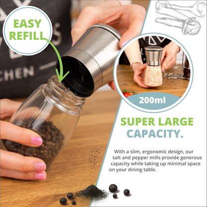 Oliver's Kitchen ® Salt & Pepper Grinder Set - 2X Premium Quality Ceramic Grinders - Easy to Fill & Use - Season to Perfection with Adjustable Coarseness - Large Capacity - Refill Less Often