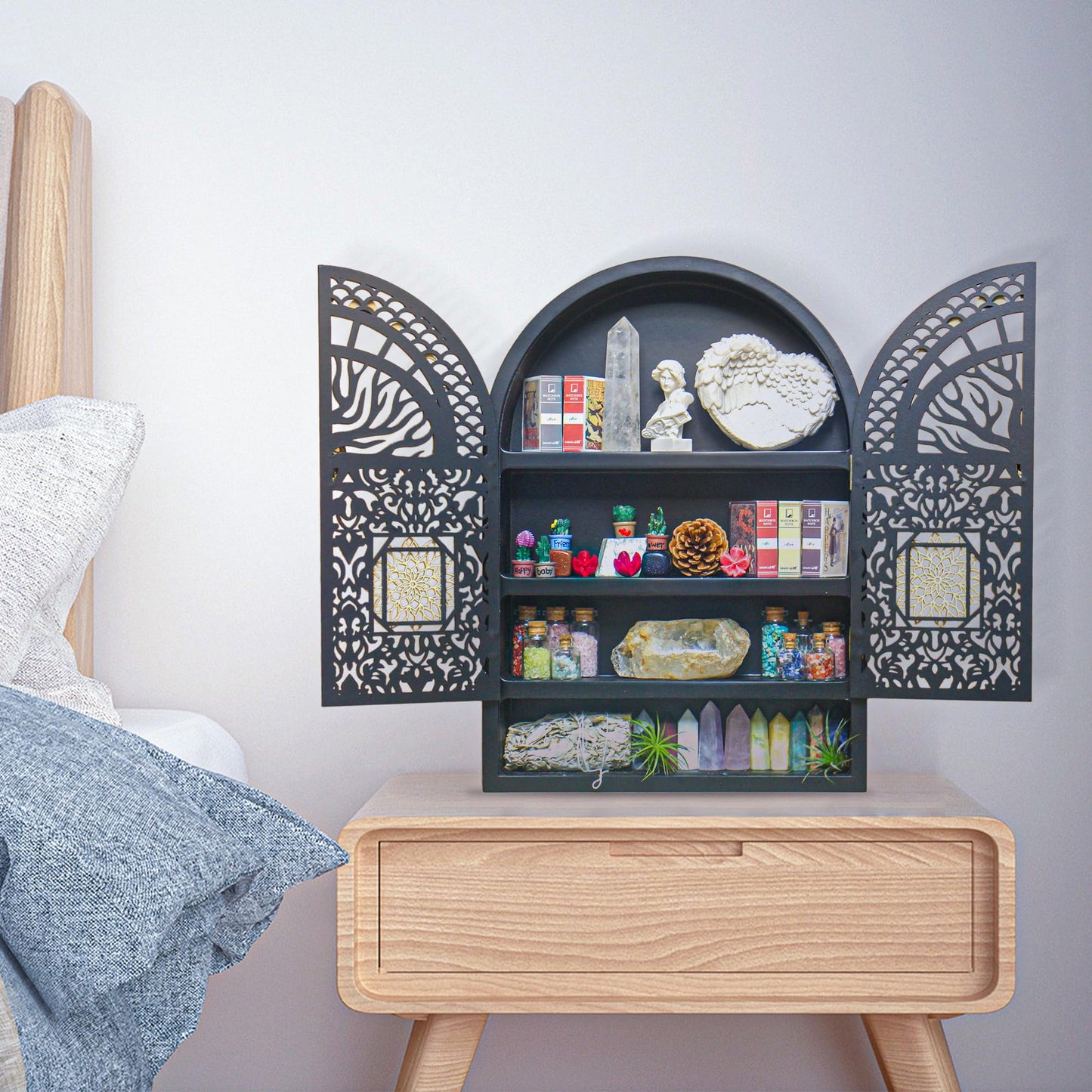 FNYDOX Large Crystal Display Shelf for Wall, Crescent Moon Phase Shelf Wall Decor, Wooden Arch Shelf, Tree of Life Crystal Holder Organizer, Cabinet for Gem Stone Rock, Spiritual Home Room Decor