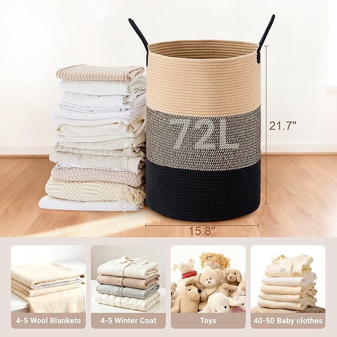 Tall Laundry Basket with Handles, 72L Portable Dirty Clothes Hamper, Boho