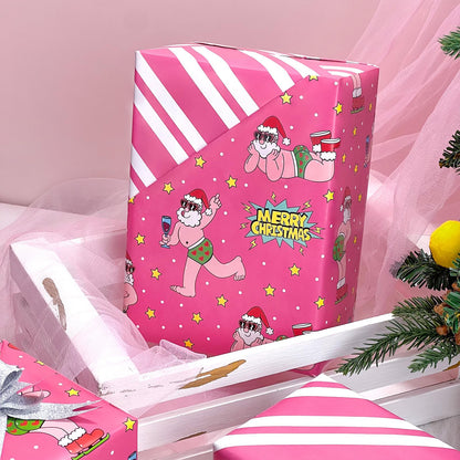 EWES Funny Christmas Wrapping Paper Pink Set Rolls Santa Claus For Kids Cute Reversible Cartoon Thick Gift Wrap Sheets Unique Heavy Duty Fun Total 28.5sq.ft
