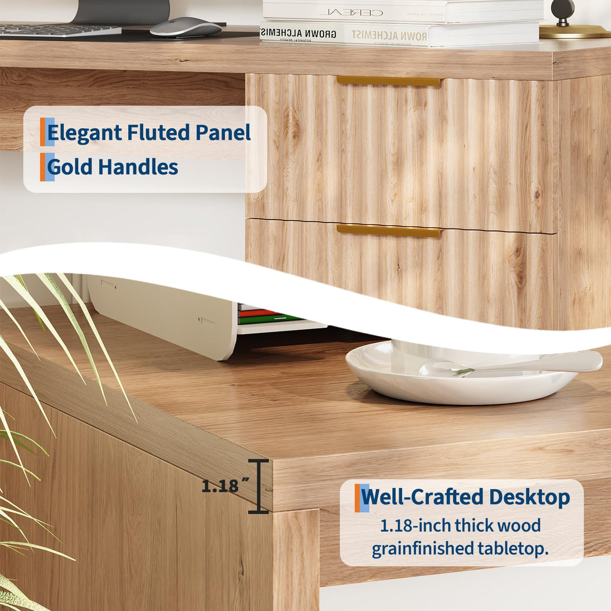 Garvee Executive Desk with Drawer and Power Outlet, 61" Large Farmhouse Computer Desk Home Office Wood Executive Desk with Adjustable Shelf for Work Study Writing, Oak