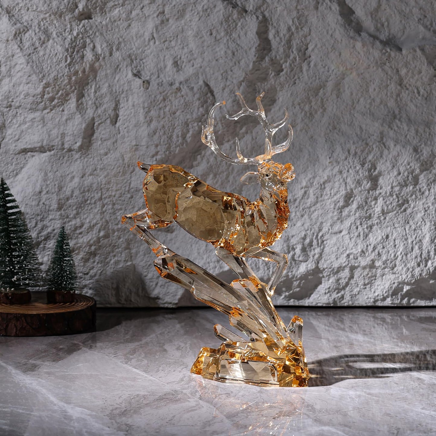 LCCCK Gold Clear Acrylic Large Deer Figurine, 11.8" Tall Reindeer Christmas Decoration, High End Deer Statue with Glass-Like Crystal Finish, for Christmas Indoor Table Top or Gift -with LED Light