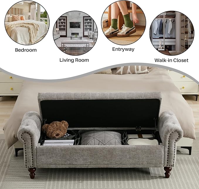 SOFTHION 58.1" Storage Bench Upholstered Chenille End of Bedroom Bed Bench