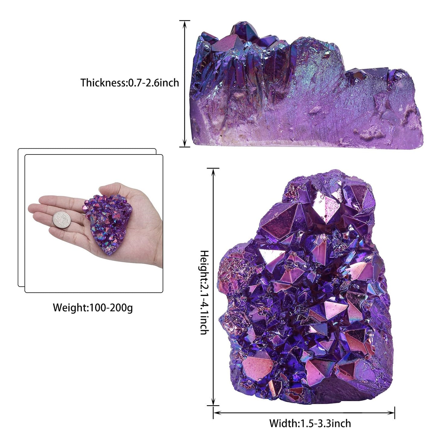 Sportmusies Titanium Coated Rock Crystal Cluster Specimen Home Office Decoration, Irregular-Shaped Quartz Cluster Stone for Reiki Healing Meditation, Purple