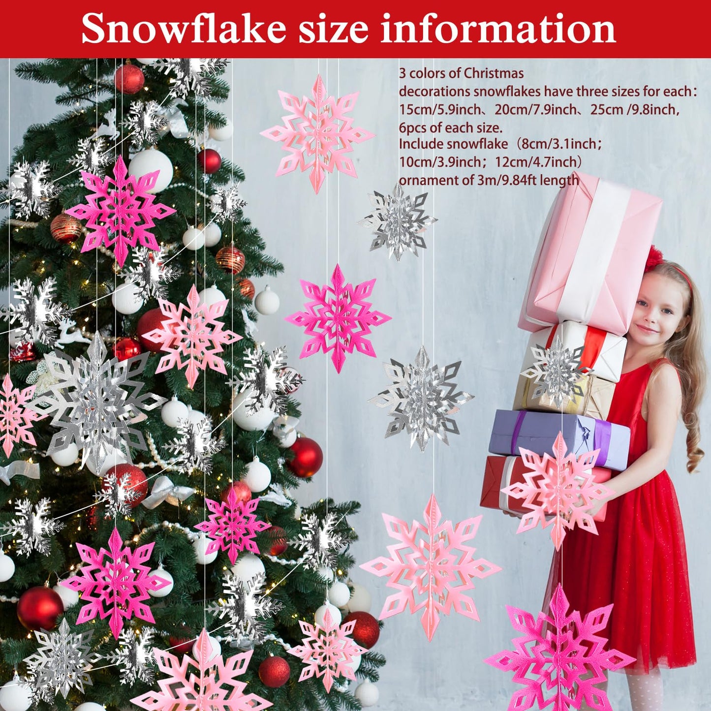 Whaline 30Pcs Christmas Hanging Decorations Large 3D Pink Silver Snowflake Paper Pendant Ornament with String Silver Snowflake Garland for Xmas Winter Wonderland Party Home Ceiling