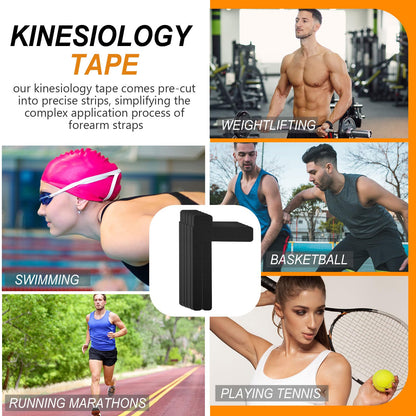 FairySandy 12 Pcs Precut Kinesiology Tape for Pain Relief Waterproof Breathable Kinesiology Athletic Tape Enhance Elastic Pre Cut Strips for Sports Joints Muscle Support (Forearm,Black)